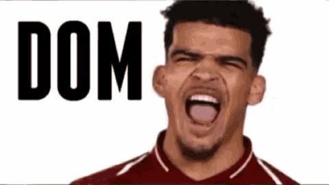 a soccer player is making a funny face with his mouth open and the word dom is behind him .