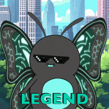 a cartoon butterfly wearing sunglasses and the word legend on it