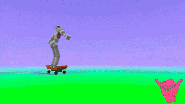 a cartoon of a person riding a skateboard with a green hand giving a shaka sign