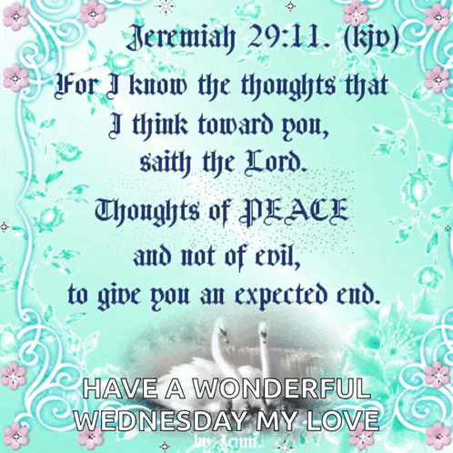 jeremiah 29:11 is written on a card with swans and flowers
