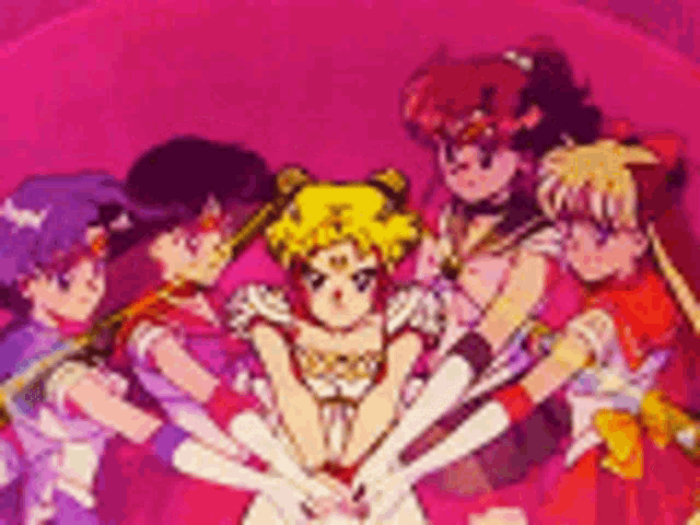 a group of anime characters are standing next to each other holding hands .