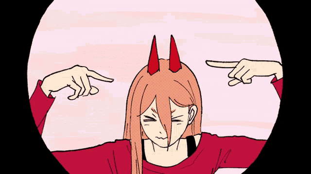 a cartoon drawing of a girl with horns pointing at her face