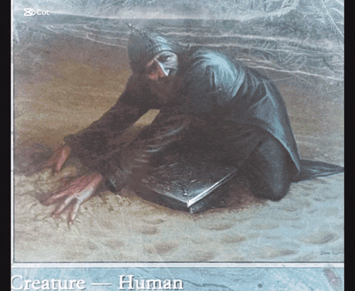 a painting of a man kneeling in the sand with the words creature human below him