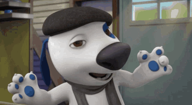 a cartoon dog wearing a scarf and a beret