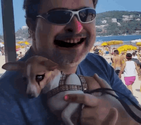 a man wearing sunglasses and a red nose is holding a small dog on the beach