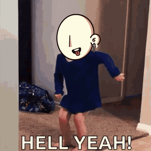 a cartoon of a person dancing with the words hell yeah behind them