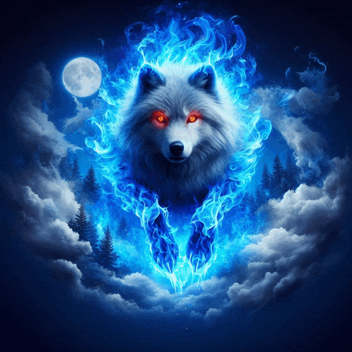a wolf with red eyes is surrounded by blue flames in front of a full moon
