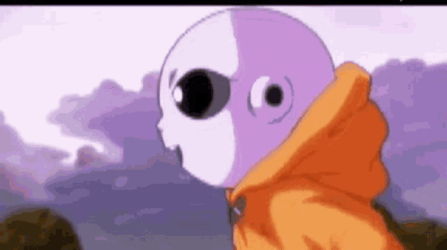 a cartoon character wearing an orange hoodie and a purple mask .