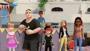 a group of cartoon characters are standing next to each other on a street .
