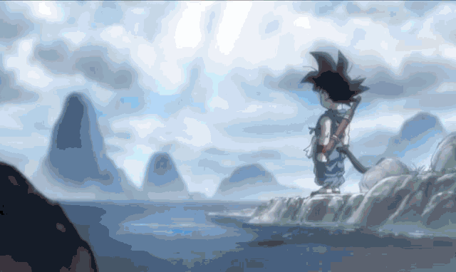 a cartoon character is standing on a cliff overlooking the ocean