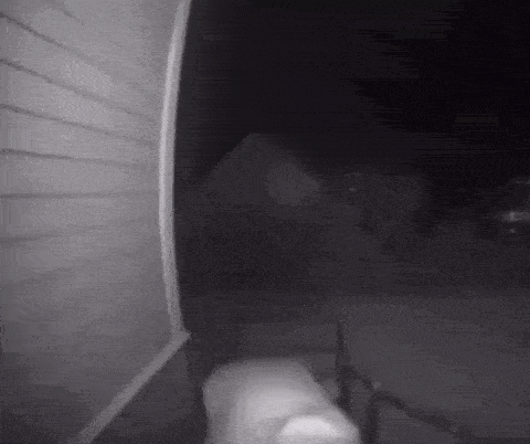 a black and white photo of a person walking through a doorway at night .