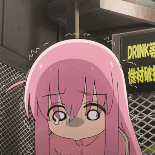 a girl with pink hair is standing in front of a sign that says drink