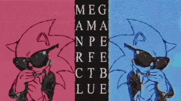 a drawing of two sonic characters wearing sunglasses with the letters meg ama npe rfe ctb lue on the bottom