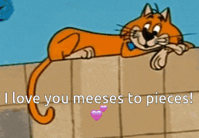 a cartoon cat laying on a brick wall with the words " i love you meees to pieces " below it