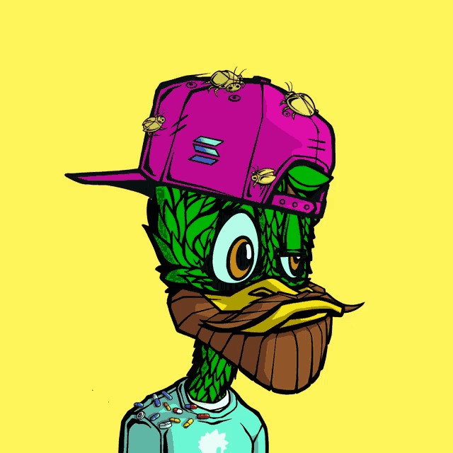 a cartoon of a duck wearing a purple hat with the letter m on it