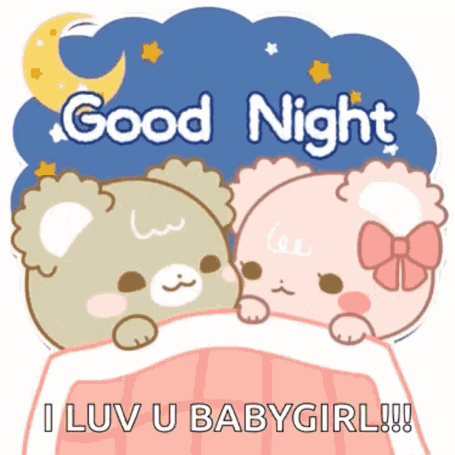 two teddy bears are laying under a blanket and saying good night