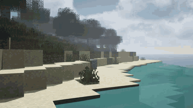 a computer generated image of a sandy beach with a body of water in the background
