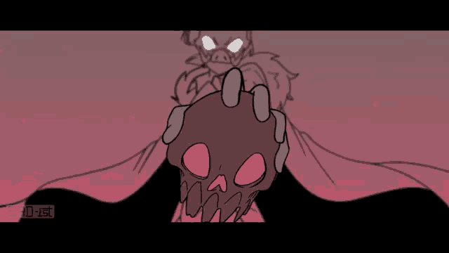 a cartoon drawing of a person holding a skull with red eyes .