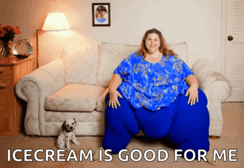 a woman is sitting on a couch with a dalmatian dog and the words icecream is good for me