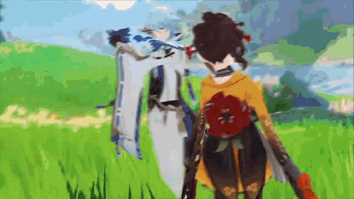 a video game character is standing in a field with a sword