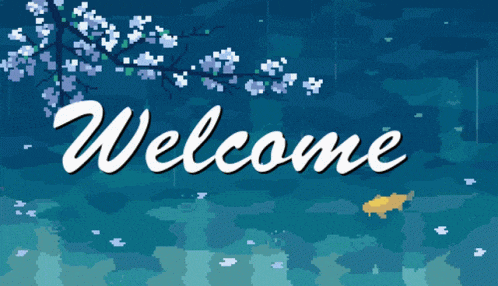the word welcome is on a blue background with flowers in the background