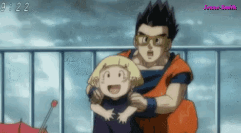 a cartoon of a man holding a small child with the time 9:22