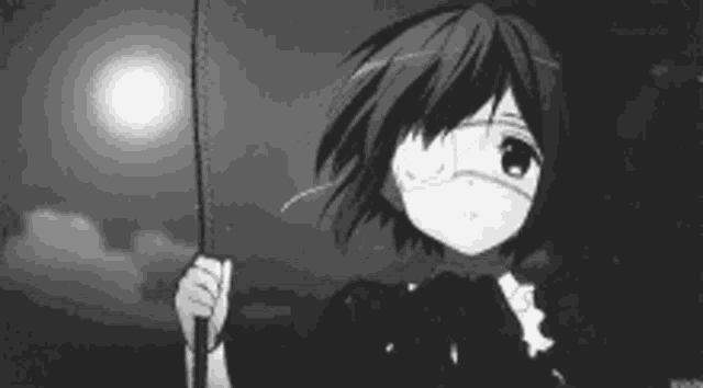 a black and white drawing of a girl holding an umbrella in front of a full moon .