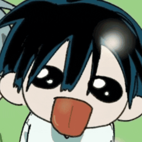 a cartoon character with black hair is sticking out his tongue .
