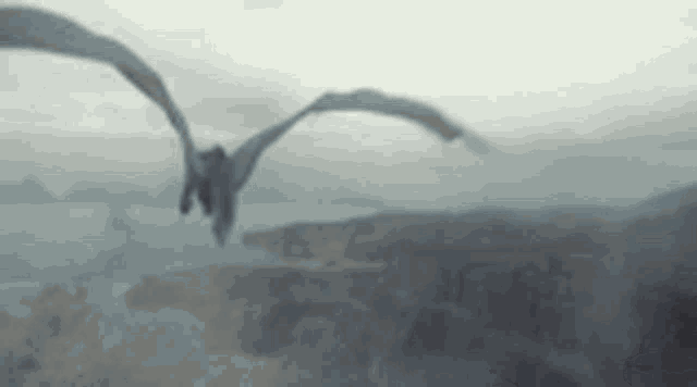 a couple of dragons are flying over a mountain range .
