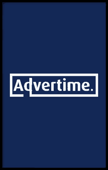 a blue advertime logo with a white background