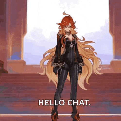 a cartoon character with long hair is standing in front of stairs and says hello chat