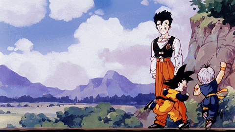 a cartoon drawing of a man standing next to two children with mountains in the background