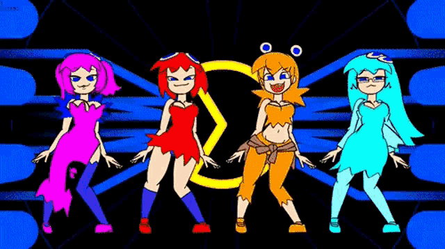 four cartoon characters are dancing in front of a circle