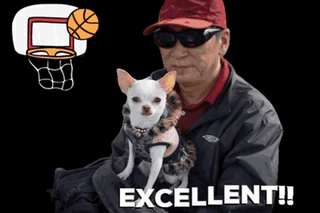 a man is holding a small white dog with the words excellent written on the bottom