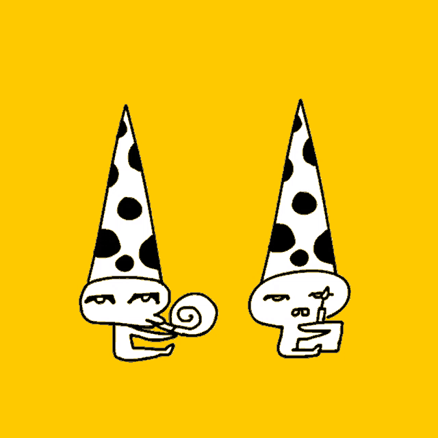 a cartoon drawing of a person wearing a polka dot party hat
