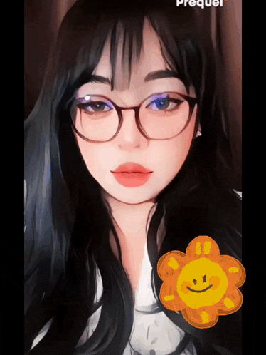 a drawing of a girl with glasses and a yellow flower with a face on it