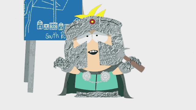 a cartoon character standing in front of a south park sign