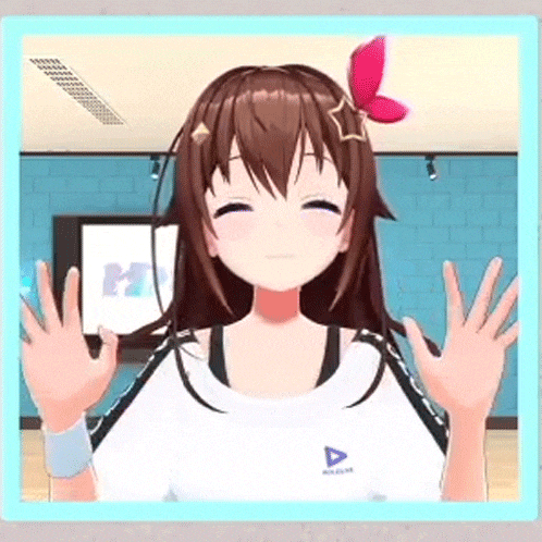 a 3d anime girl is waving her hands in front of a blue wall .