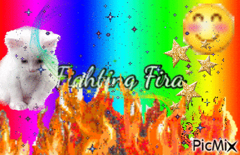 a picture of a cat with the words fighting fire