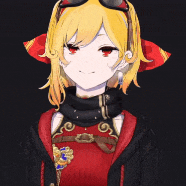 a girl with yellow hair and red eyes is wearing a black jacket