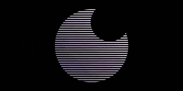 the word music is on a black background with a purple and white striped circle .
