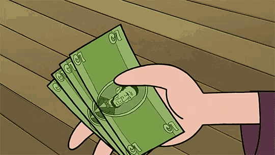 a cartoon hand is holding a stack of green bills with the numbers 10 and 11 on them