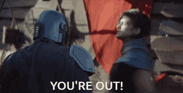 a man in a helmet says you 're out to another man