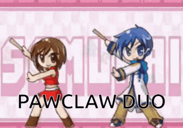a boy and a girl are dancing in front of a pink background with pawclaw duo written on it