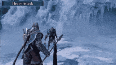 a video game screen shows a heavy attack being performed