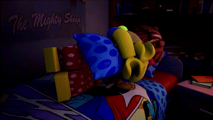 a cartoon character laying on a bed with the words the mighty sleep written on the wall behind him