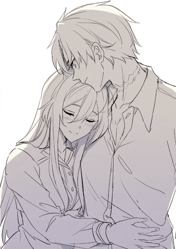 a black and white drawing of a man and a woman hugging each other