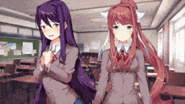 two anime girls are standing next to each other in a classroom .