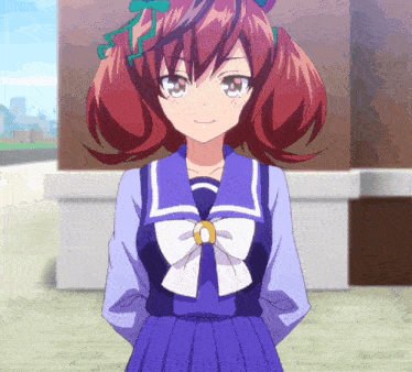 a girl with red hair is wearing a blue and white outfit