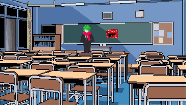 a pixel art drawing of a classroom with tables and chairs and a blackboard with a picture on it